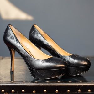 Nine west platform pumps, croc embossed in black.